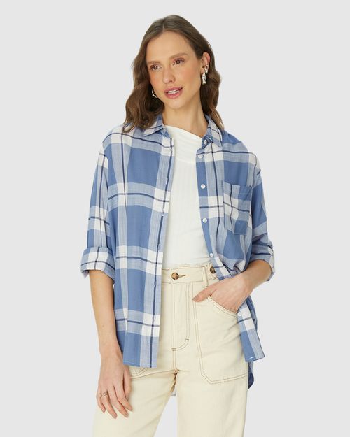 Camisa Feminina Manga Longa Xadrez Em Viscose Sarjada