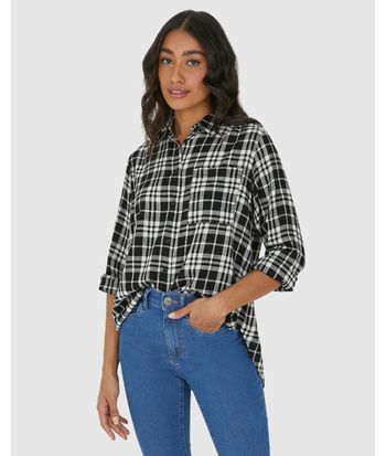 Camisa Feminina Manga Longa Xadrez Em Viscose Sarjada