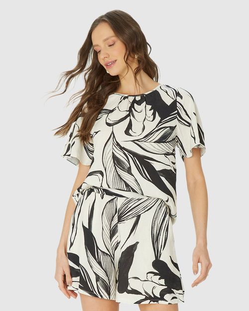 Blusa Ampla Feminina Folhagem Franzido No Decote Em Viscolinho Texturizado