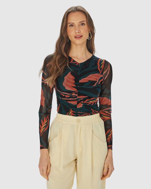 Blusa Justa Feminina Folhagem Franzido Frontal Em Tule Stretch