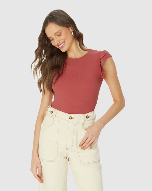 Blusa Feminina Manga Babado Em Malha Canelada Brilho