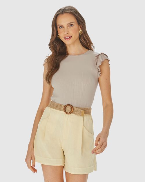 Blusa Feminina Manga Babado Em Malha Canelada Brilho