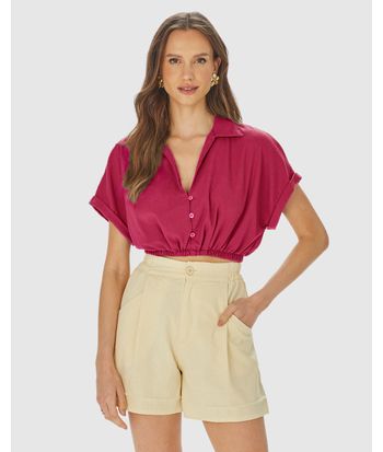 Camisa Cropped Feminina Barra Elástico Em Viscolinho
