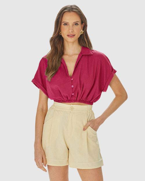 Camisa Cropped Feminina Barra Elástico Em Viscolinho