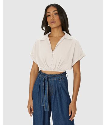 Camisa Cropped Feminina Barra Elástico Em Viscolinho