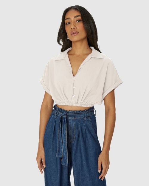 Camisa Cropped Feminina Barra Elástico Em Viscolinho