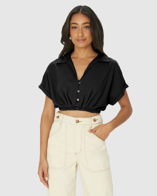 Camisa Cropped Feminina Barra Elástico Em Viscolinho