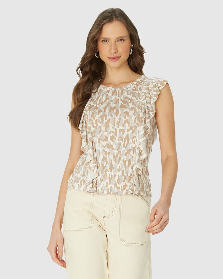 Blusa Feminina Estampada Babado Frente E Costas Em Malha Viscolinho Stretch