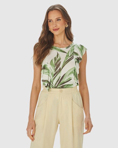 Blusa Feminina Estampada Babado Frente E Costas Em Malha Viscolinho Stretch