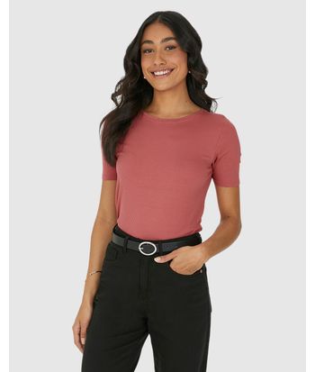 Blusa Feminina Decote Redondo Em Malha Canelada Brilho