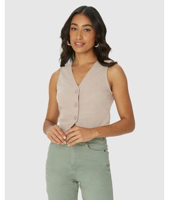 Colete Feminino Cropped Alfaiataria Botões Frontais Em Viscolinho