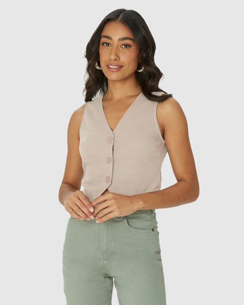 Colete Feminino Cropped Alfaiataria Botões Frontais Em Viscolinho