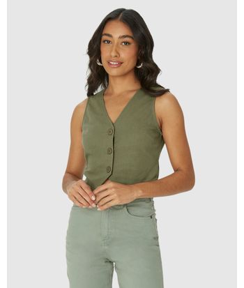 Colete Feminino Cropped Alfaiataria Botões Frontais Em Viscolinho