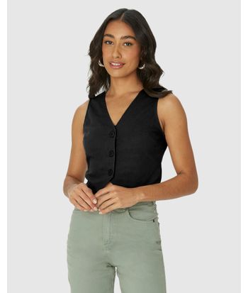 Colete Feminino Cropped Alfaiataria Botões Frontais Em Viscolinho
