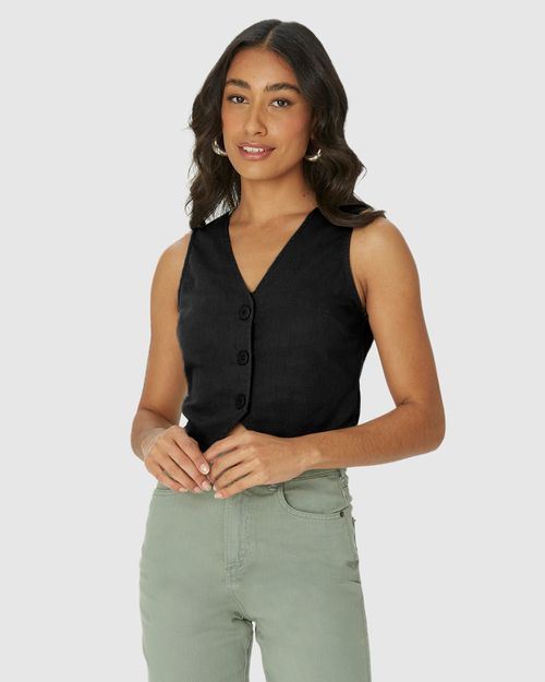 Colete Feminino Cropped Alfaiataria Botões Frontais Em Viscolinho