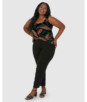 Regata Feminina Plus Size Folhagem Decote Quadrado Em Viscose Stretch
