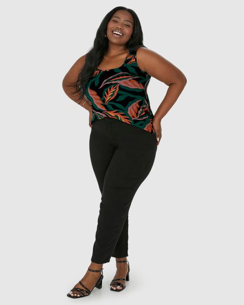 Regata Feminina Plus Size Folhagem Decote Quadrado Em Viscose Stretch