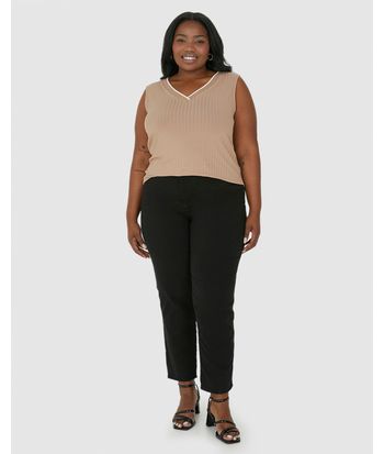 Regata Ampla Feminina Plus Size Decote V Em Malha Viscose Canelada