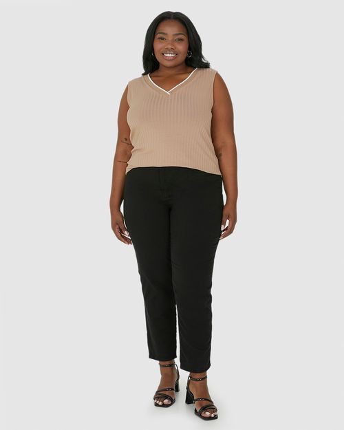 Regata Ampla Feminina Plus Size Decote V Em Malha Viscose Canelada