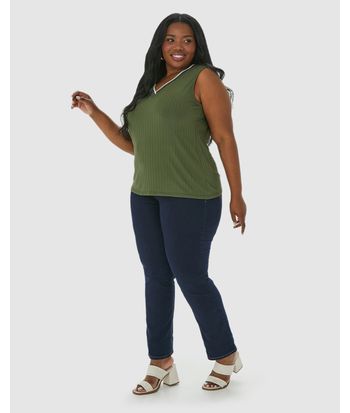 Regata Ampla Feminina Plus Size Decote V Em Malha Viscose Canelada