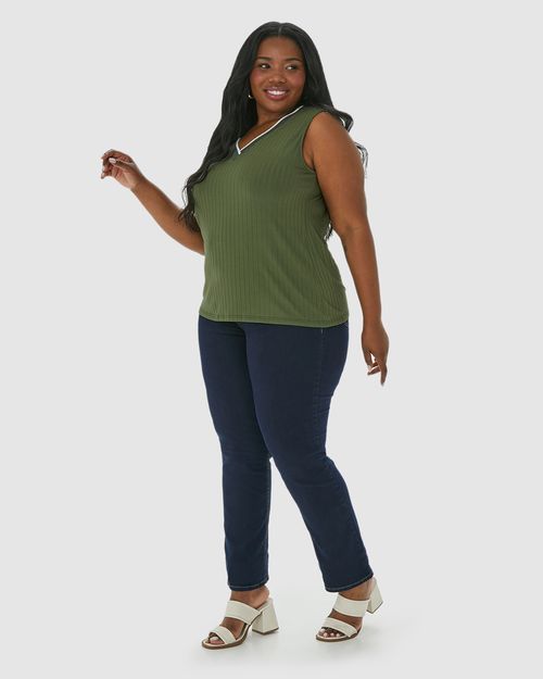 Regata Ampla Feminina Plus Size Decote V Em Malha Viscose Canelada