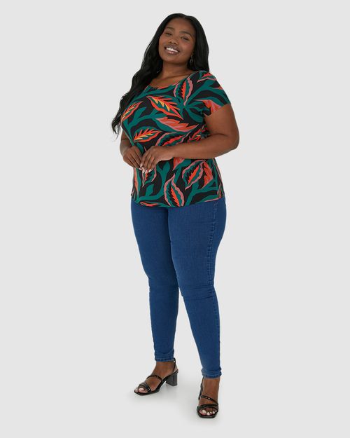 Blusa Feminina Plus Size Folhagem Cava Japonesa Em Viscose Stretch