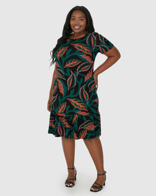 Vestido Feminino Plus Size Folhagem Evasê Em Viscose Stretch