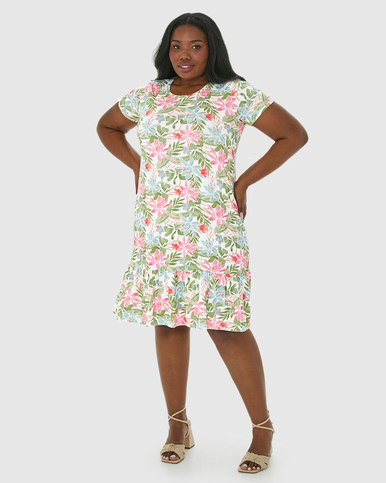 Vestido Feminino Plus Size Floral Evasê Em Viscose Stretch