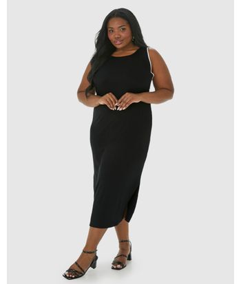 Vestido Midi Feminino Plus Size Reto Em Malha Viscose Canelada