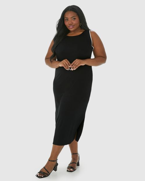 Vestido Midi Feminino Plus Size Reto Em Malha Viscose Canelada