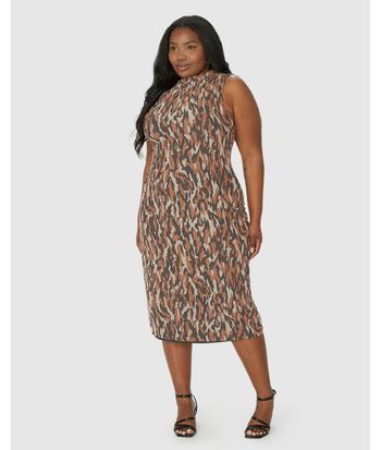 Vestido Midi Feminino Plus Size Animal Print Detalhe Franzido Em Tule Stretch