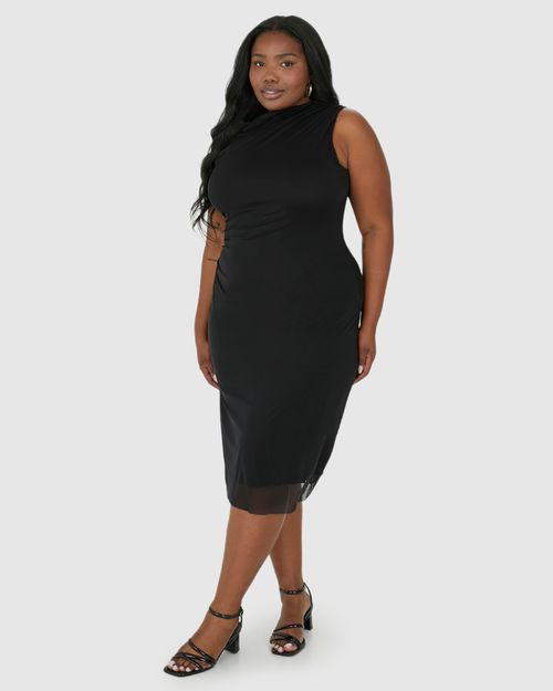 Vestido Midi Feminino Plus Size Detalhe Franzido Em Tule Stretch