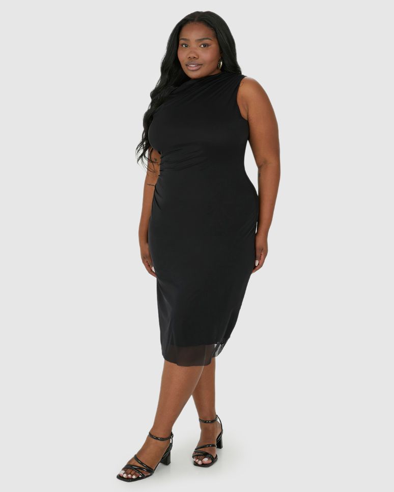 Vestido Midi Feminino Plus Size Detalhe Franzido Em Tule Stretch