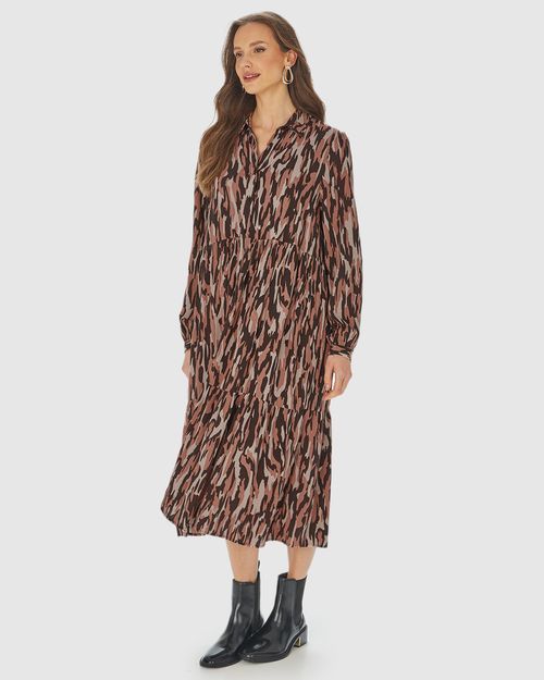 Vestido Chemise Feminino Animal Print Abotoamento Frontal Em Viscose Sarjada