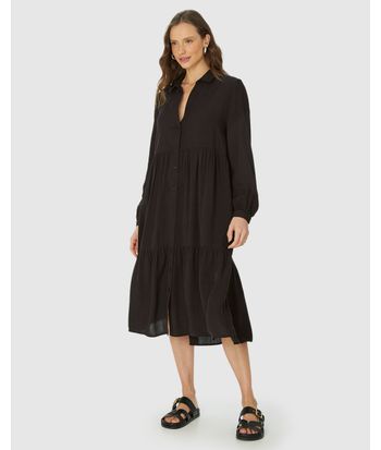 Vestido Chemise Feminino Abotoamento Frontal Em Viscose Sarjada