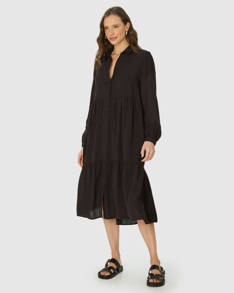 Vestido Chemise Feminino Abotoamento Frontal Em Viscose Sarjada
