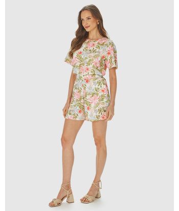 Shorts Feminino Floral Evasê Bolso Faca Em Viscolinho Texturizado