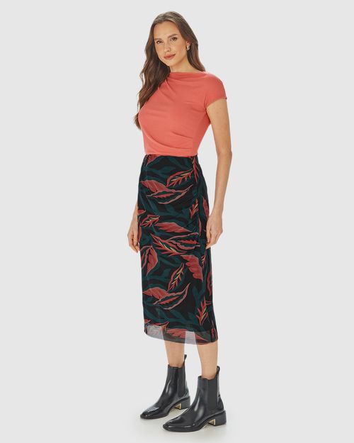 Saia Reta Feminina Folhagem Fenda Lateral Em Tule Stretch