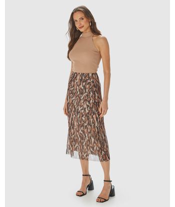 Saia Reta Feminina Animal Print Fenda Lateral Em Tule Stretch