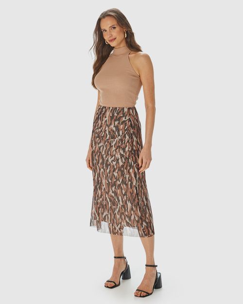 Saia Reta Feminina Animal Print Fenda Lateral Em Tule Stretch
