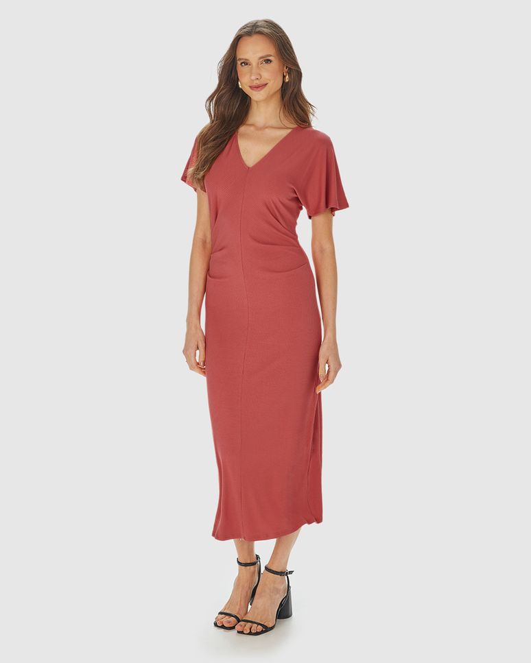 Vestido Midi Feminino Pregas Na Cintura Em Malha Viscose Canelada