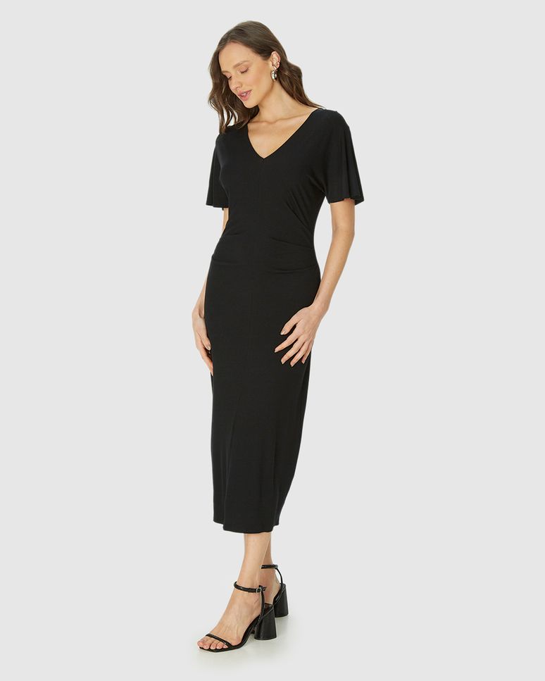 Vestido Midi Feminino Pregas Na Cintura Em Malha Viscose Canelada