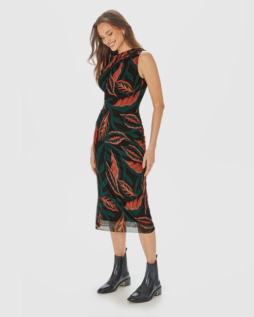 Vestido Midi Feminino Folhagem Detalhe Franzido Em Tule Stretch