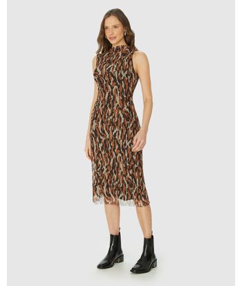 Vestido Midi Feminino Animal Print Detalhe Franzido Em Tule Stretch