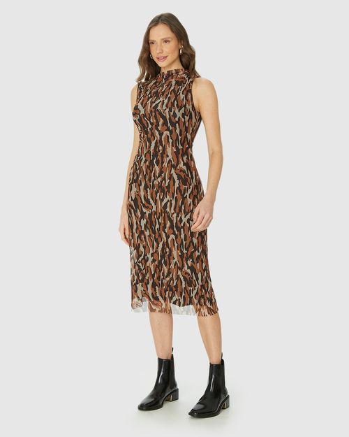 Vestido Midi Feminino Animal Print Detalhe Franzido Em Tule Stretch
