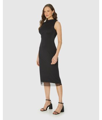 Vestido Midi Feminino Detalhe Franzido Em Tule Stretch