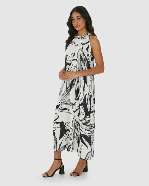 Vestido Amplo Feminino Folhagem Com Bolso Funcional Em Viscolinho Texturizado