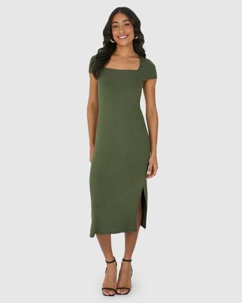 Vestido Midi Feminino Justo Decote Quadrado Em Malha Viscose Canelada