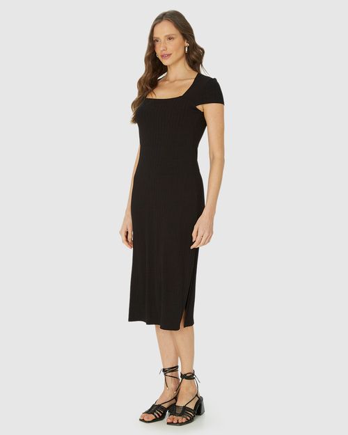 Vestido Midi Feminino Justo Decote Quadrado Em Malha Viscose Canelada
