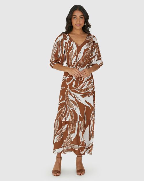 Vestido Midi Feminino Marias Estampado Manga 3/4 Em Viscose